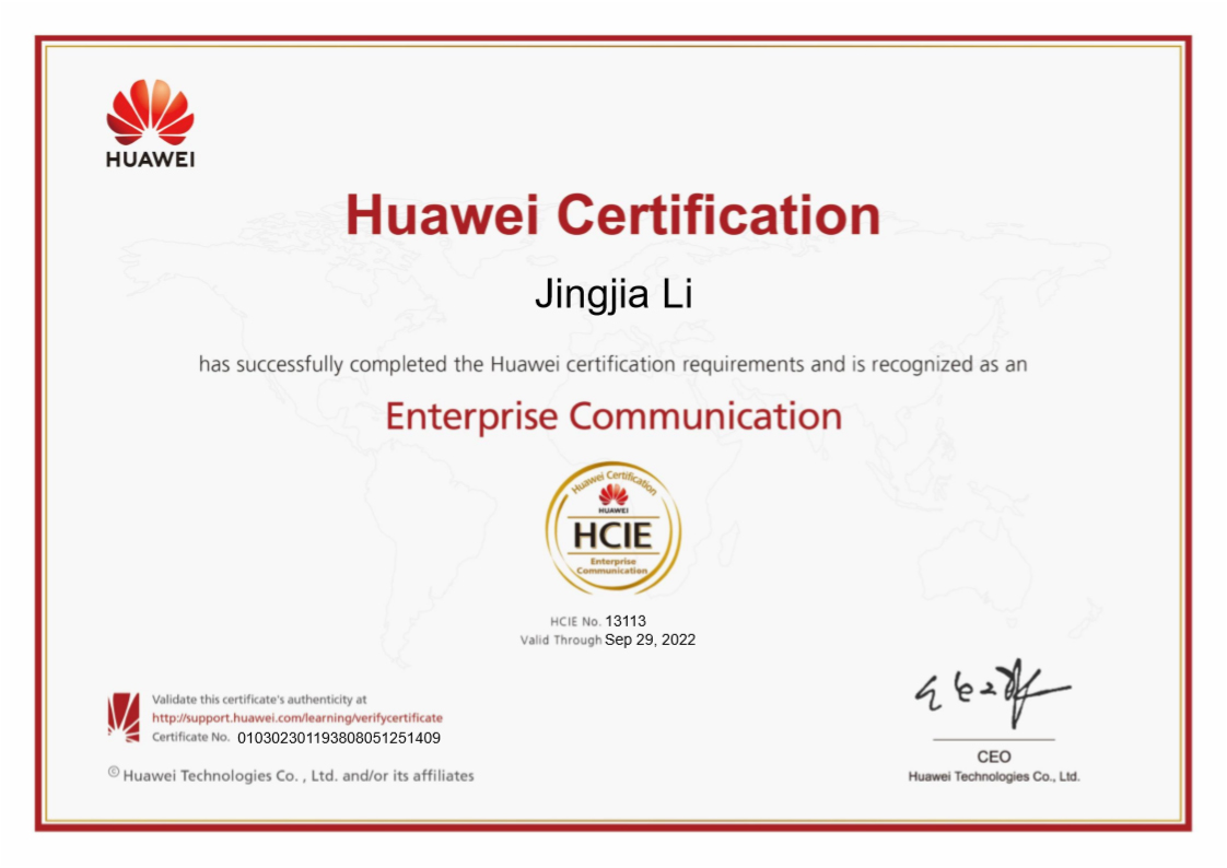 HCIE EC 证书-李景佳